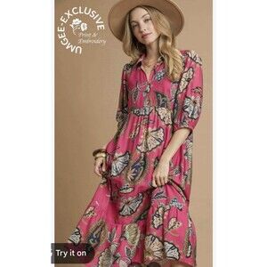 Umgee Women’s Boho Paisley Tiered Midi Dress Small Party Festival Vacation Cute